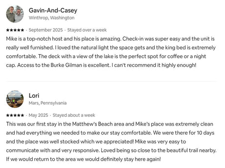 Excellent RV rental customer reviews; guests praise Mike's hosting, amenities like lake views, and nearby trails.