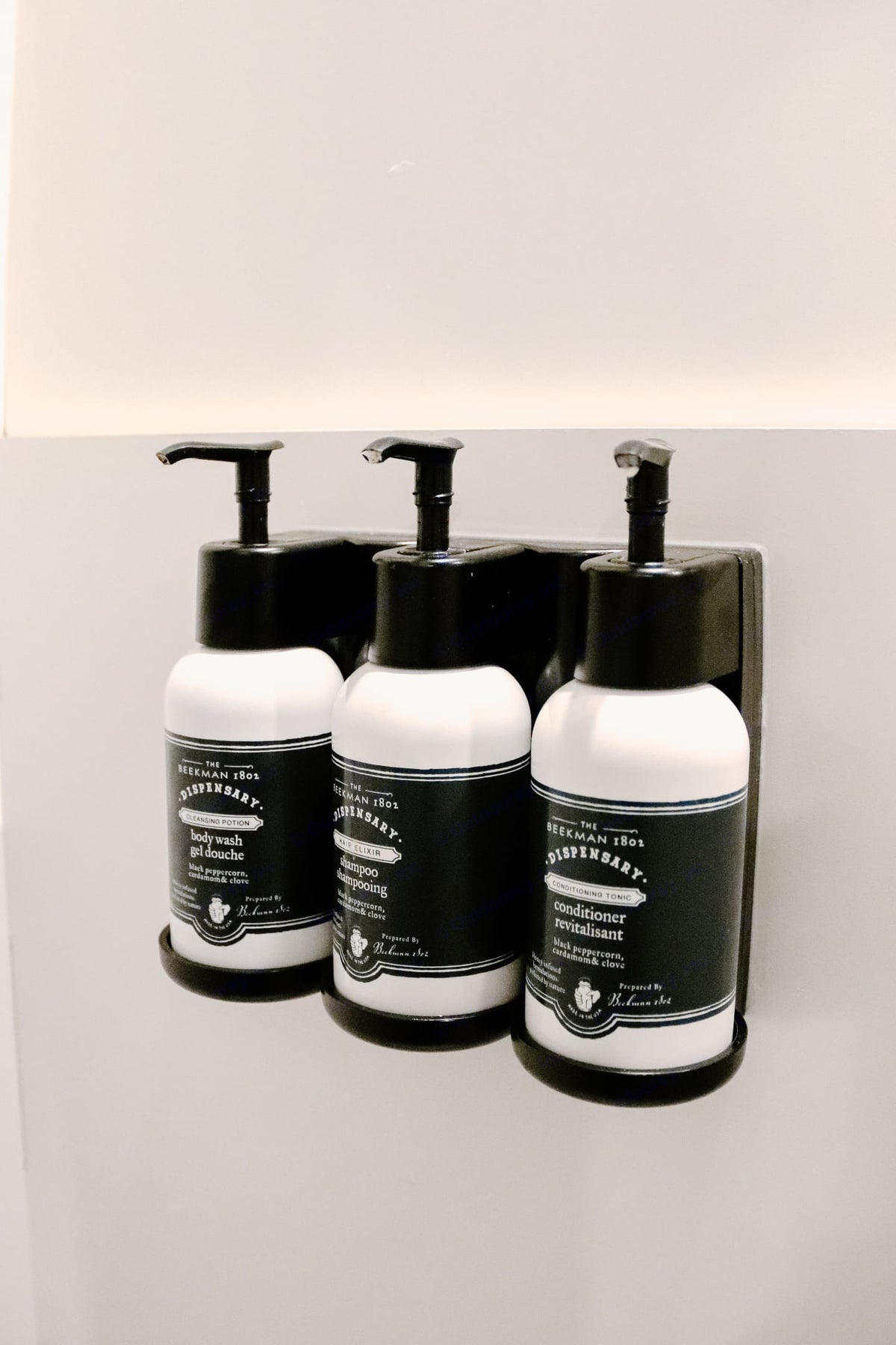 Premium Beekman 1802 bath products (body wash, shampoo, conditioner) in a dispenser, perfect for an RV rental. — photo 3