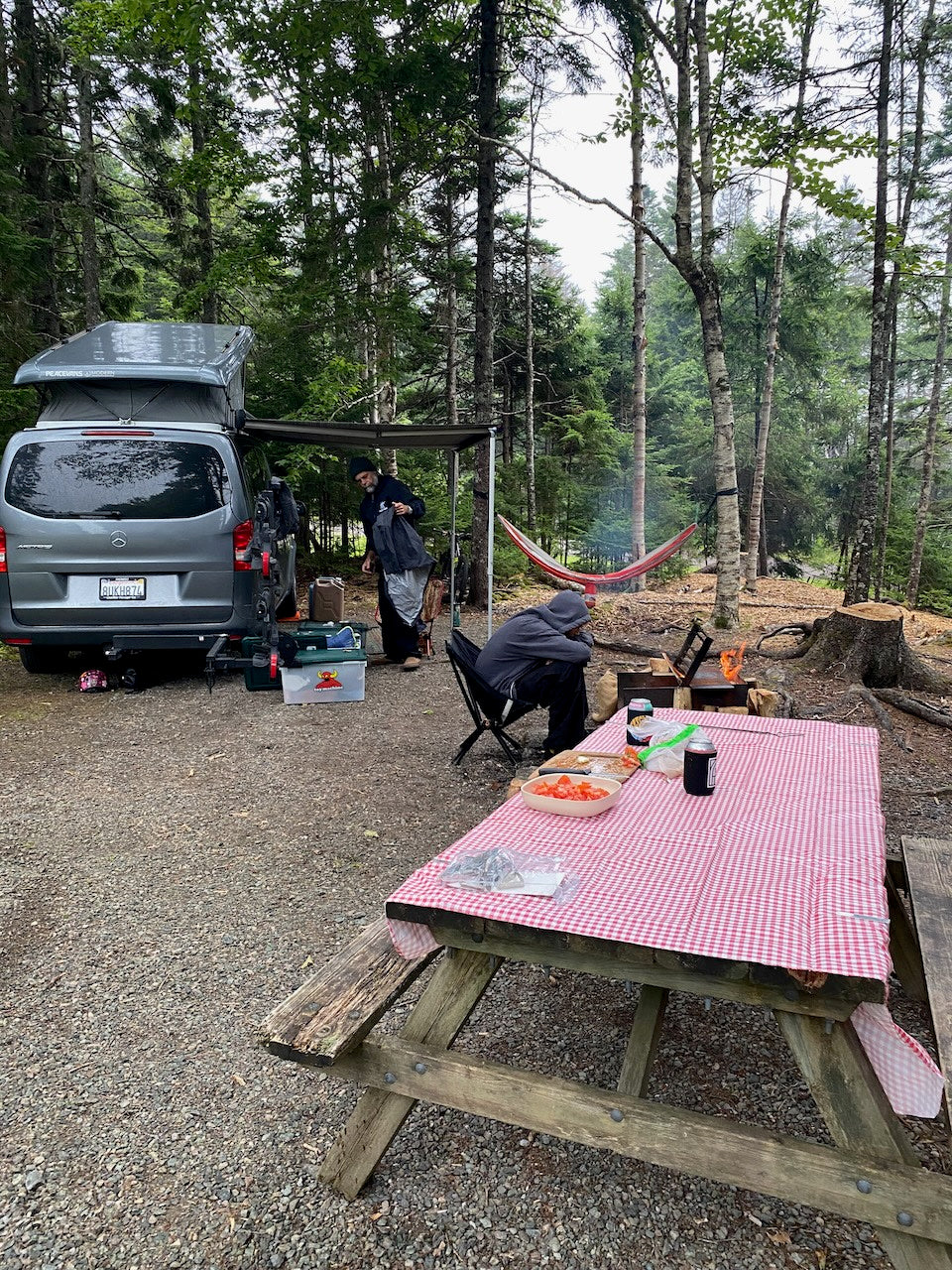 A gray Mercedes-Benz rv rental camper van at a peaceful campsite with a fire pit, red hammock, and picnic table set for a meal.