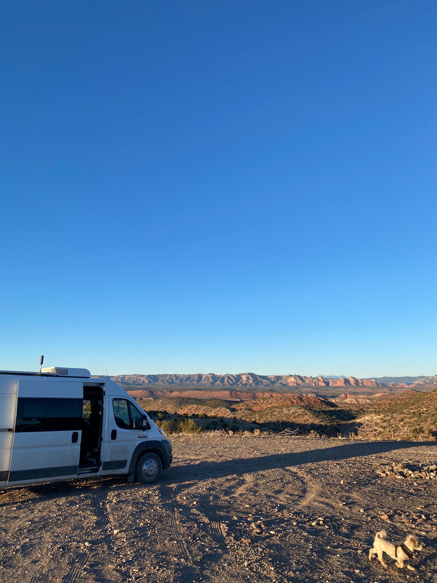 RV rental camper van parked on a dirt road overlooking vast desert mountains. Clear sky, small dog exploring scenic views. — photo 14