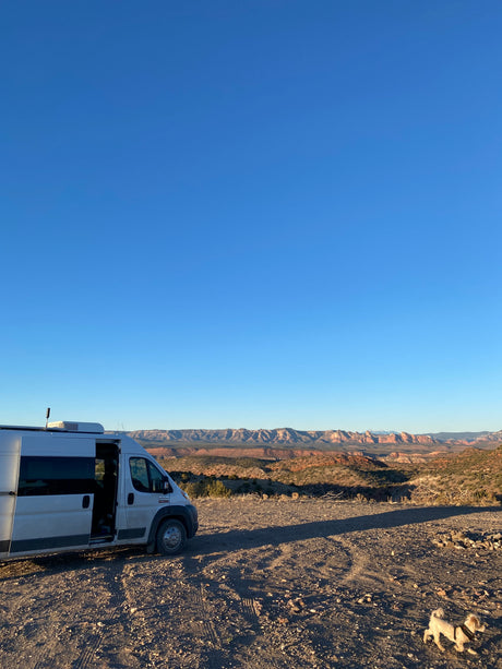 RV rental camper van parked on a dirt road overlooking vast desert mountains. Clear sky, small dog exploring scenic views.