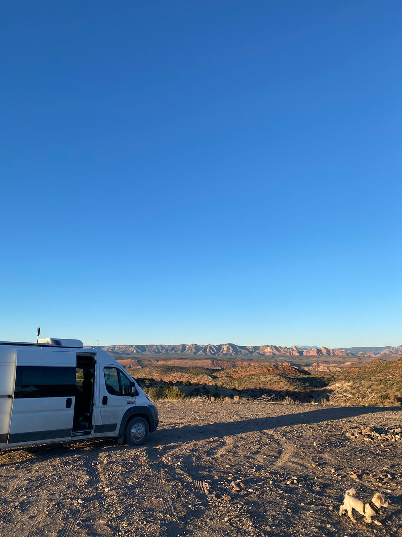 RV rental camper van parked on a dirt road overlooking vast desert mountains. Clear sky, small dog exploring scenic views. — photo 14