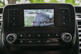 RV rental infotainment: Backup camera view with parking assistance, showing a bike rack. Helpful for safe maneuvering.