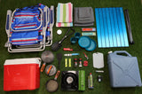 RV rental ready! Essential camping gear: cooler, stove, cookware, folding chair, portable table, and water jug.