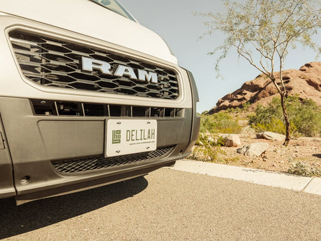 Front of a Ram ProMaster RV rental van, named "DELILAH" (Bohovans), in a sunny desert landscape.