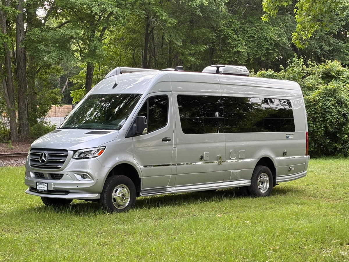 A sleek silver Mercedes-Benz Sprinter RV rental