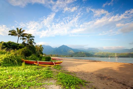 Lush tropical beach, palm trees, and red canoes by a bay with mountains. Plan your escape with an RV rental! — photo 9