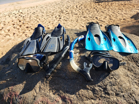 Blue & gray snorkeling fins, masks, & snorkels on a beach rock. Perfect gear for your next rv rental beach adventure!