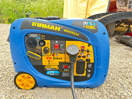Firman dual-fuel inverter generator powers an RV rental. Portable for camping, providing reliable outdoor electricity.