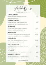 Enhance your RV rental trip with our Add-Ons menu! Curated baskets for s'mores, date night, wine, beer, kids, and safety are shown.