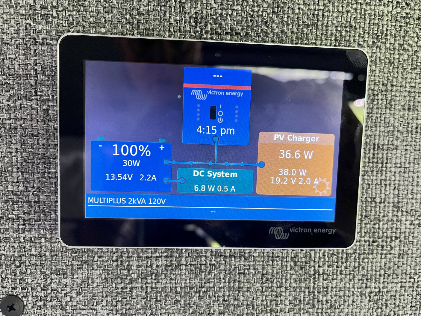 Victron Energy power monitoring in an RV rental, displaying 100% battery, 36.6W solar charge, and DC system use.