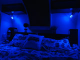 Cozy RV rental bedroom at night, featuring blue LED lighting, patterned bedding with vintage vans, and practical amenities for travel.