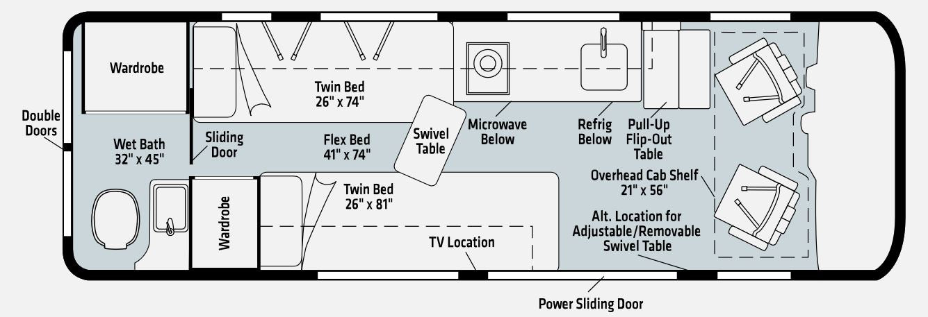 Detailed RV rental floor plan: compact camper layout with wet bath, twin beds, kitchen area, and swivel seats.
