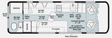 Detailed RV rental floor plan: compact camper layout with wet bath, twin beds, kitchen area, and swivel seats.