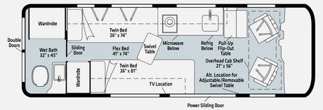 Detailed RV rental floor plan: compact camper layout with wet bath, twin beds, kitchen area, and swivel seats.