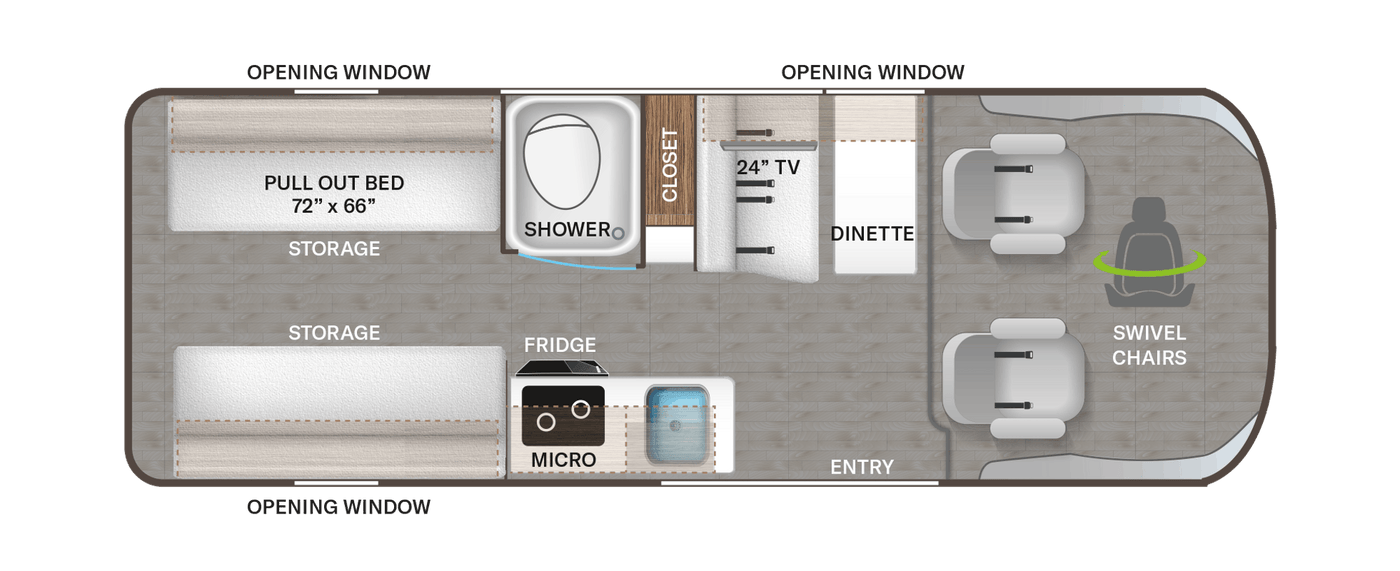 RV rental floor plan: Compact camper layout featuring a pull-out bed, shower, kitchen, dinette, and swivel chairs. — photo 6