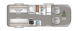 RV rental floor plan: Compact camper layout featuring a pull-out bed, shower, kitchen, dinette, and swivel chairs.