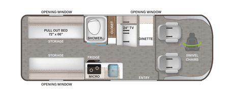 RV rental floor plan: Compact camper layout featuring a pull-out bed, shower, kitchen, dinette, and swivel chairs.