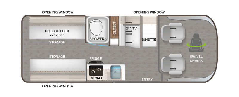 RV rental floor plan: Compact camper layout featuring a pull-out bed, shower, kitchen, dinette, and swivel chairs. — photo 6