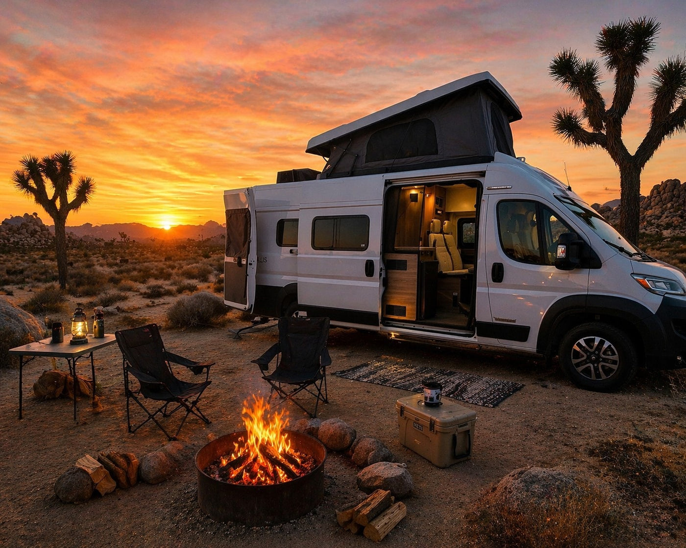 Enjoy an RV rental adventure! A pop-top camper van is parked in a desert at sunset — photo 1