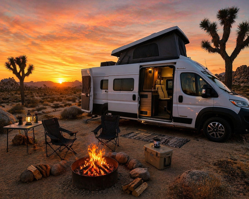 Enjoy an RV rental adventure! A pop-top camper van is parked in a desert at sunset — photo 1