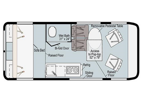 Detailed RV rental floor plan: a compact campervan layout with sofa bed, wet bath, kitchen, and pop-top access area.