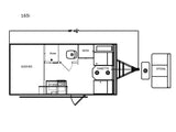 This RV rental 165i floor plan shows a travel trailer's interior: queen bed, dinette, kitchen, and bath with shower. Measures 19'-1 1/4".