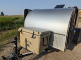  and a picturesque field view.|This modern gray teardrop RV