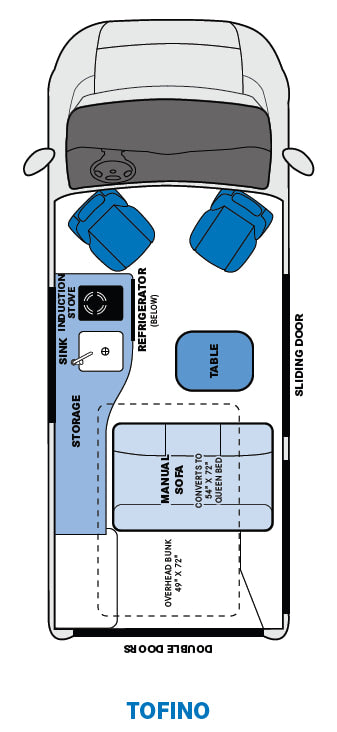 RV rental floor plan: Tofino camper van with kitchen, table, convertible queen bed, and overhead bunk.