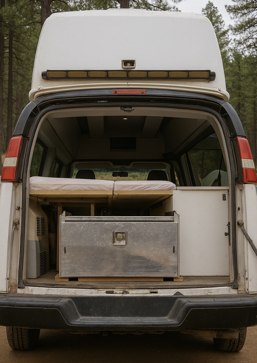  arid landscape with mountains.|Interior of an rv rental camper van