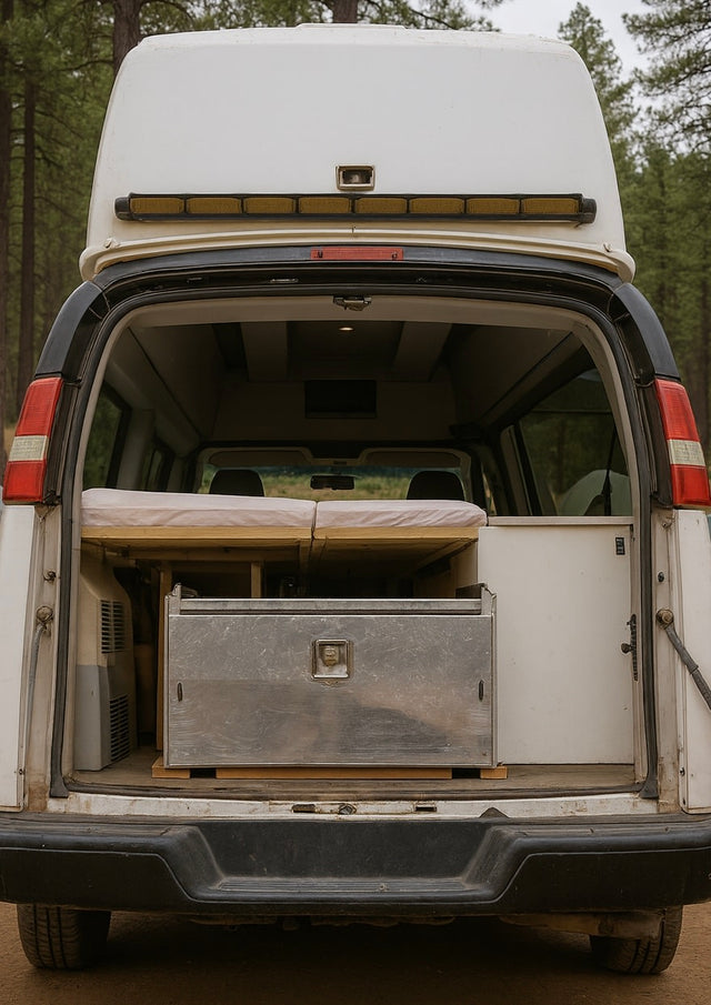  arid landscape with mountains.|Interior of an rv rental camper van