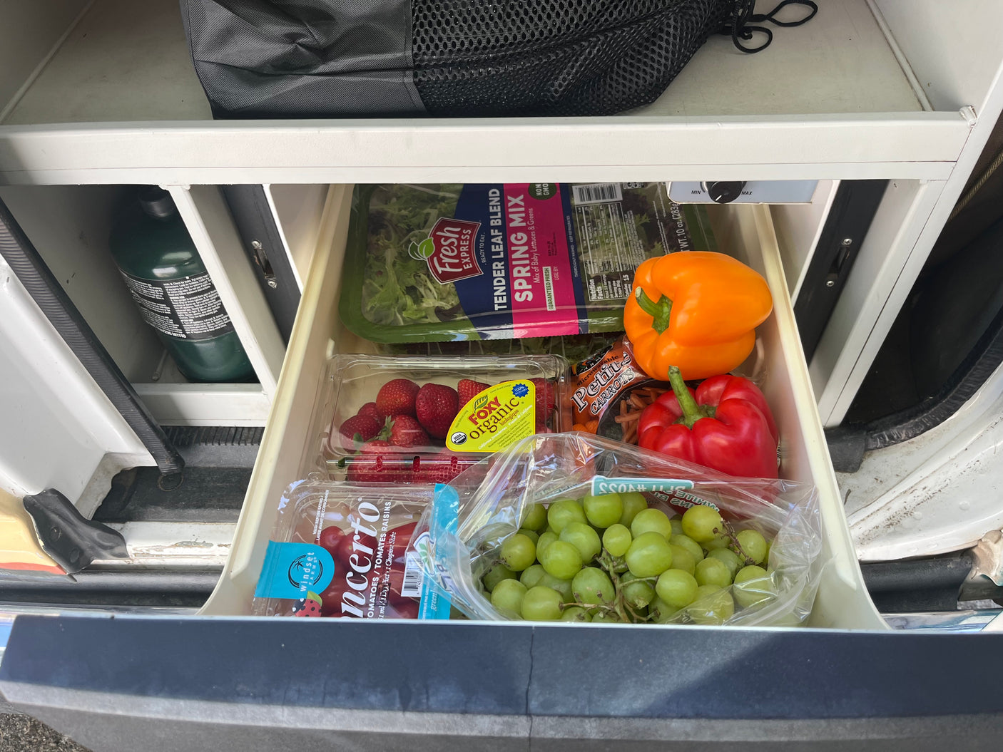 An rv rental's pull-out drawer full of fresh groceries: leafy greens, bell peppers, carrots, strawberries, cherry tomatoes, and grapes.