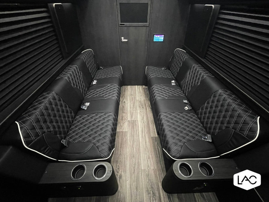  side door open to reveal spacious custom interior. Ideal for rv rental adventures.|Overhead RV rental floor plan (10-passenger) details interior with rear bath