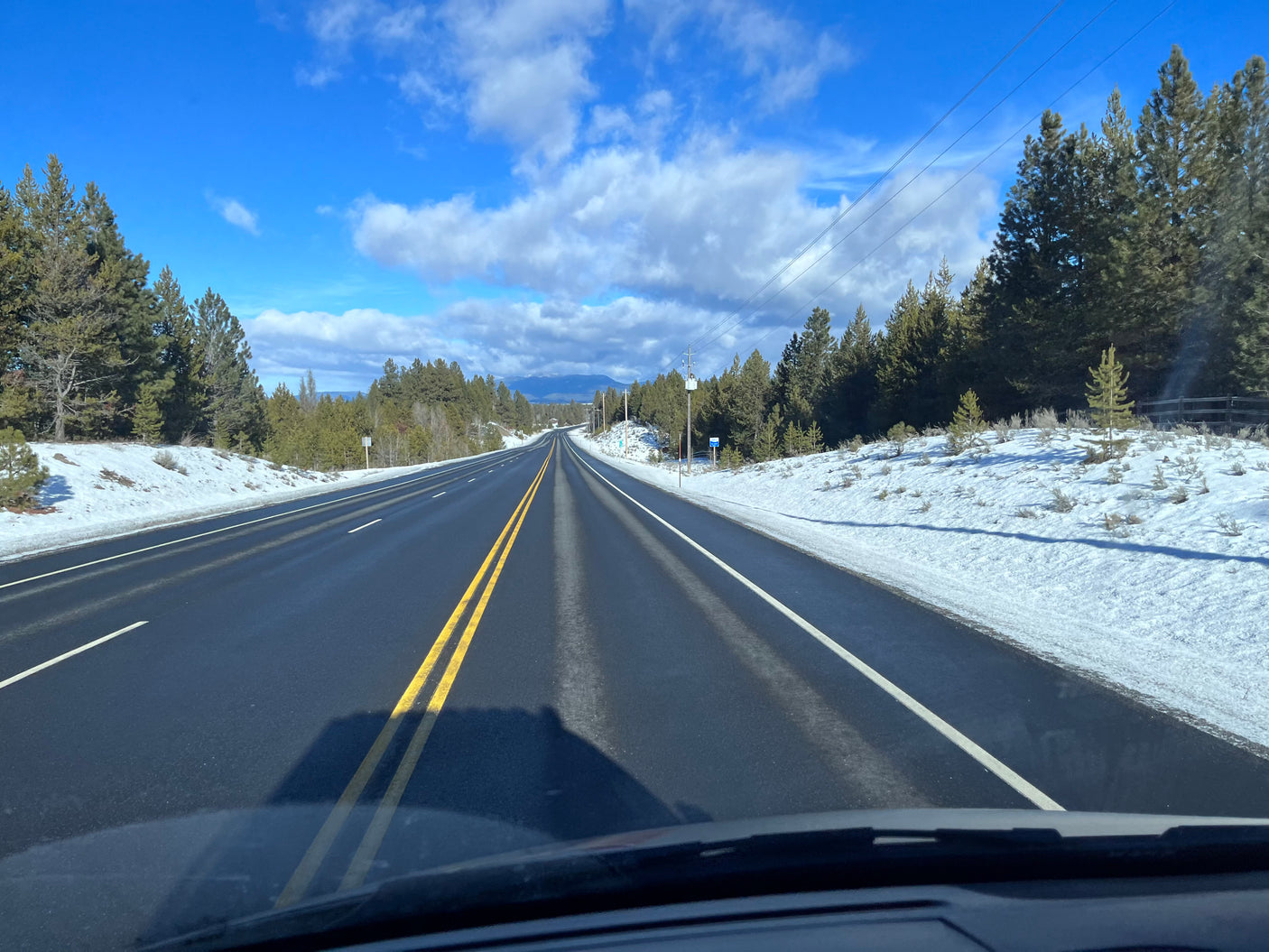 Open highway framed by snowy pine trees under a clear blue sky, perfect for your next rv rental road trip.