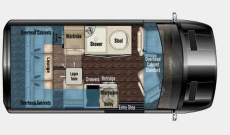 This RV rental floor plan details the interior layout with a lounge, kitchen (microwave, fridge), shower, toilet, and storage cabinets.