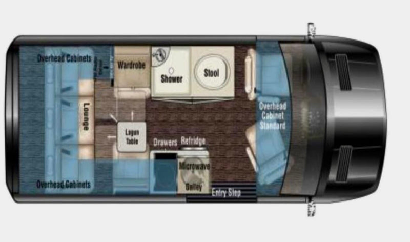 This RV rental floor plan details the interior layout with a lounge, kitchen (microwave, fridge), shower, toilet, and storage cabinets. — photo 10