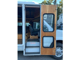 RV rental: Open door of this converted van reveals internal steps and custom wood interior. Watch your step!