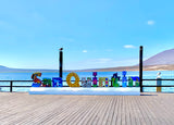 Colorful "San Quintin" sign on a waterfront pier, under a clear blue sky with distant mountains. Perfect for an RV rental getaway, with gulls resting nearby.