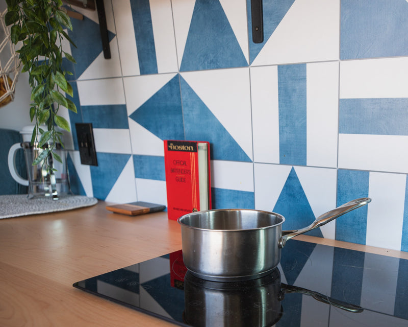  and blue/white backsplash.|Modern RV rental interior showing a compact — photo 8