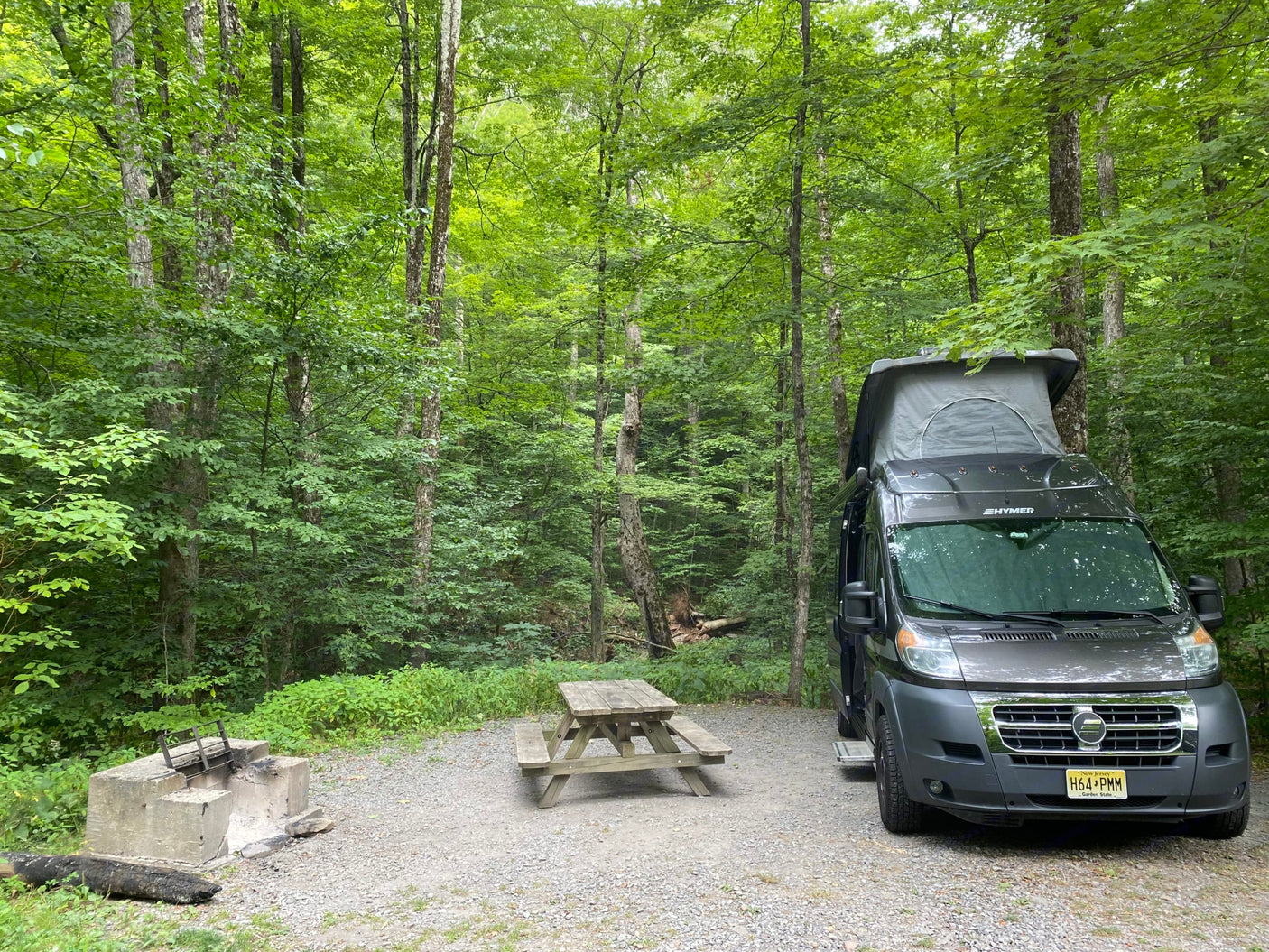 Gray rv rental with pop-top parked in a green forest campsite, next to a wooden picnic table and concrete fire pit.