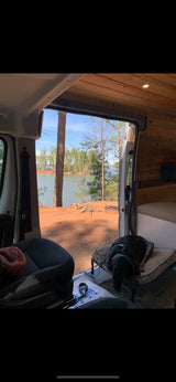 Scenic rv rental view: tranquil lake, forest, and a dog napping by the open van doors. Ideal for nature lovers.