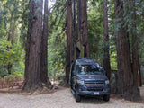 RV rental van parked among towering redwood trees. A dark grey Mercedes-Benz Sprinter on a gravel path in a serene forest.
