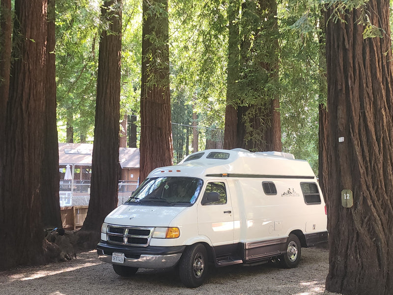  and a boat provide a perfect travel backdrop.|White rv rental parked among giant redwood trees at a sunny campsite with a "SLOW SPEED BUMP" sign.|White RV rental van at campsite 12 — photo 3