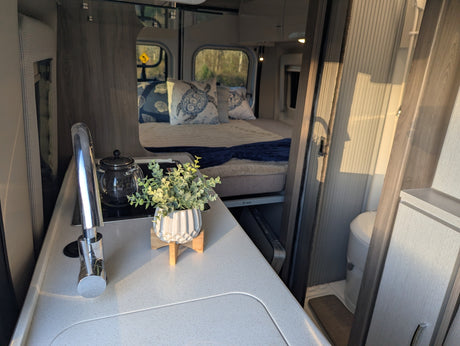 This RV rental interior features a functional kitchen counter, a cozy bed with turtle pillows, and a compact bathroom.