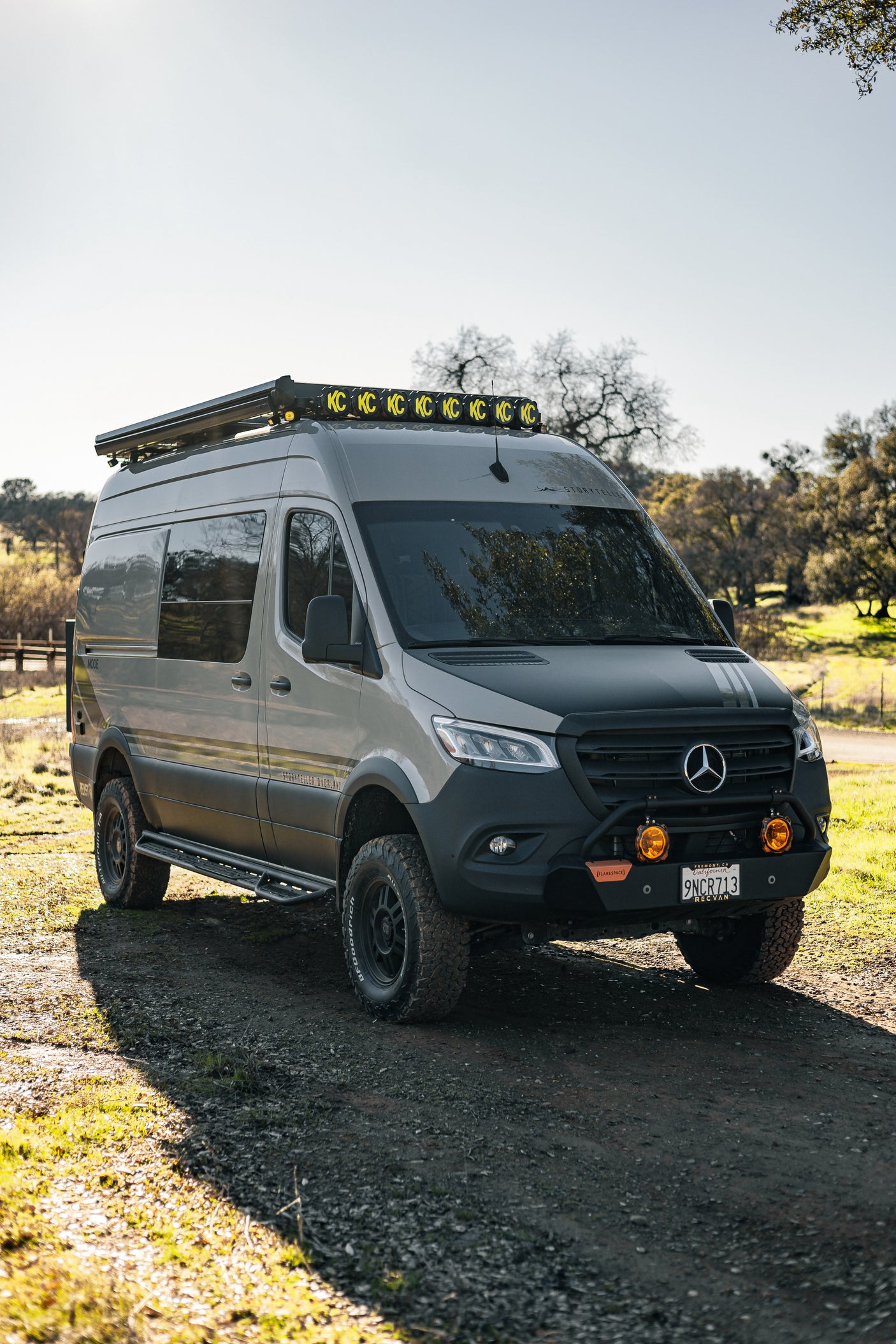 Gray Mercedes-Benz Sprinter camper van, modified for overland travel, ideal for an RV rental.