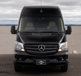 Front view of a sleek black Mercedes-Benz Sprinter conversion van, ideal for RV rental adventures.