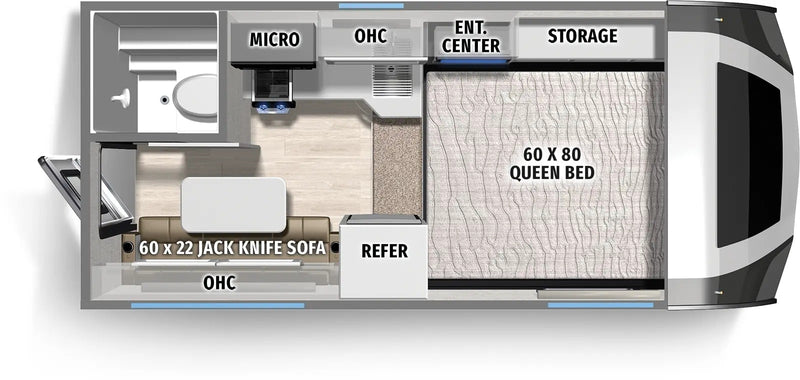 Detailed floor plan of an RV rental, showing a queen bed, jackknife sofa, kitchen, and bathroom for comfortable travel. — photo 15