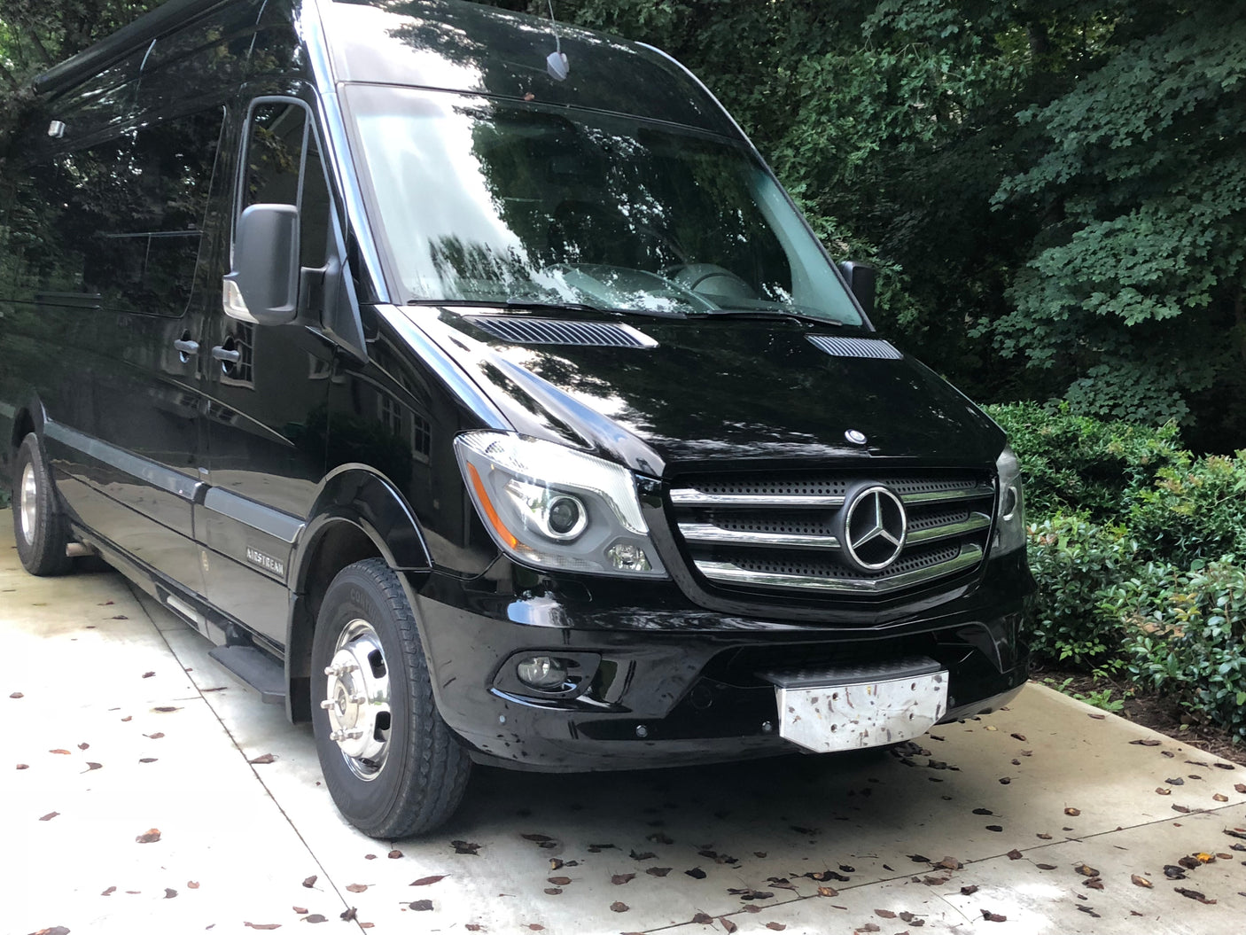 Black Airstream Mercedes Sprinter van, ideal RV rental. Parked on concrete near lush trees.
