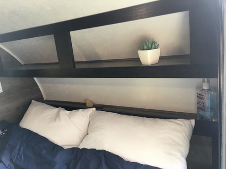 An RV rental's cozy bedroom features a bed with white pillows & blue blanket, plus overhead storage with a plant & Purell.