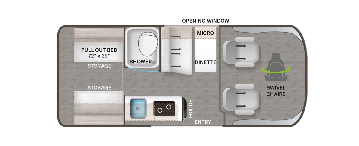  and a wall-mounted control panel.|Bright RV rental interior shows kitchen with sink/stovetop — photo 10
